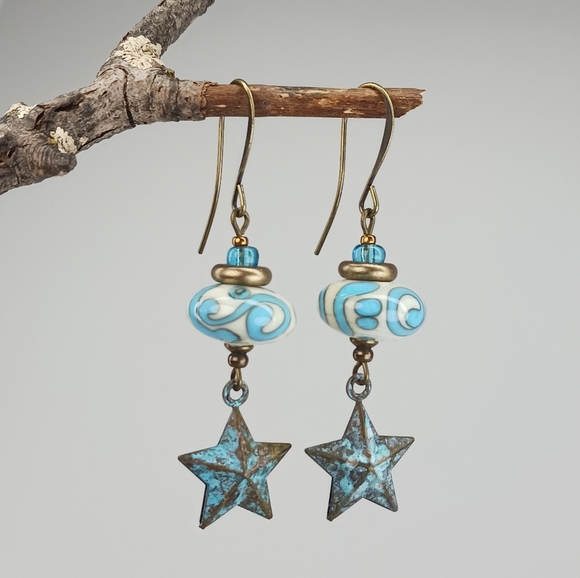 Artisan Jewelry - HAND CRAFTED Star Dangle Earrings Turquoise Blue Lampwork Glass Patina Brass